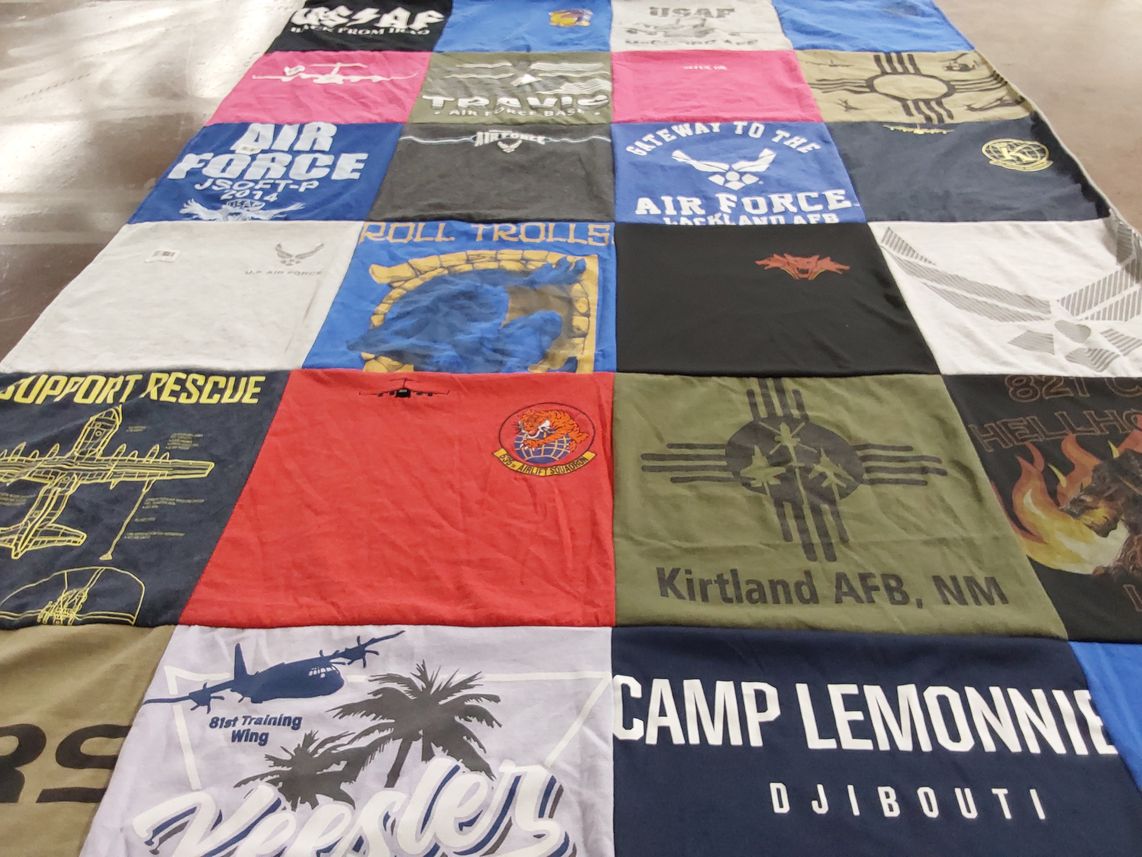 T-shirt quilt with military, aviation themes by Barbie from TX