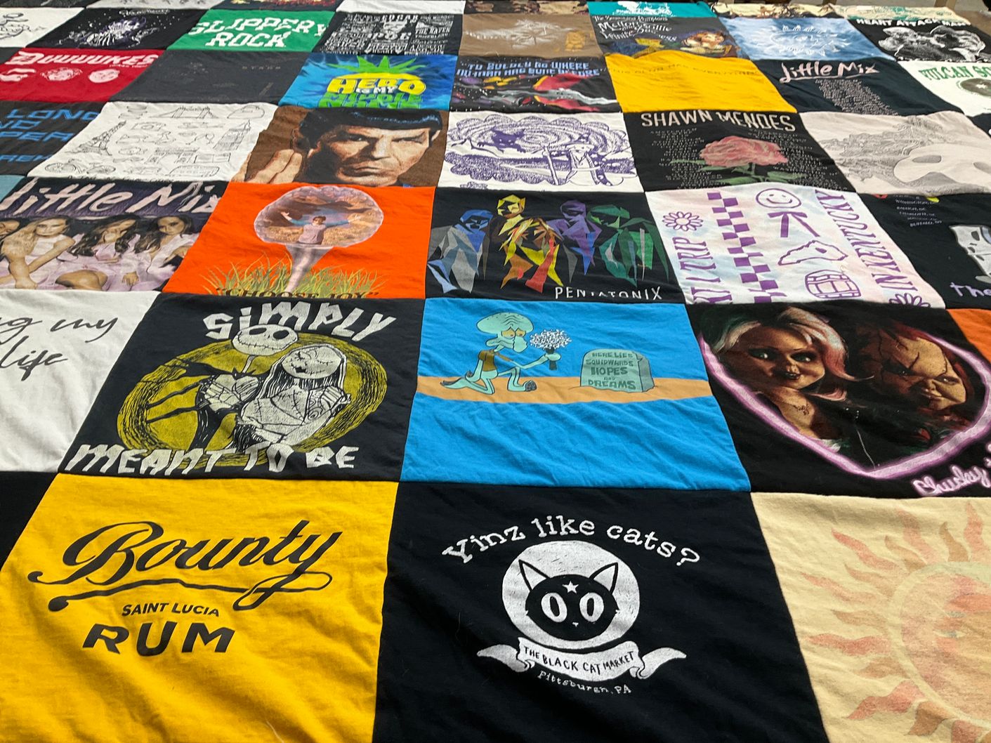 T-shirt quilt with music, movies themes by Anna from PA