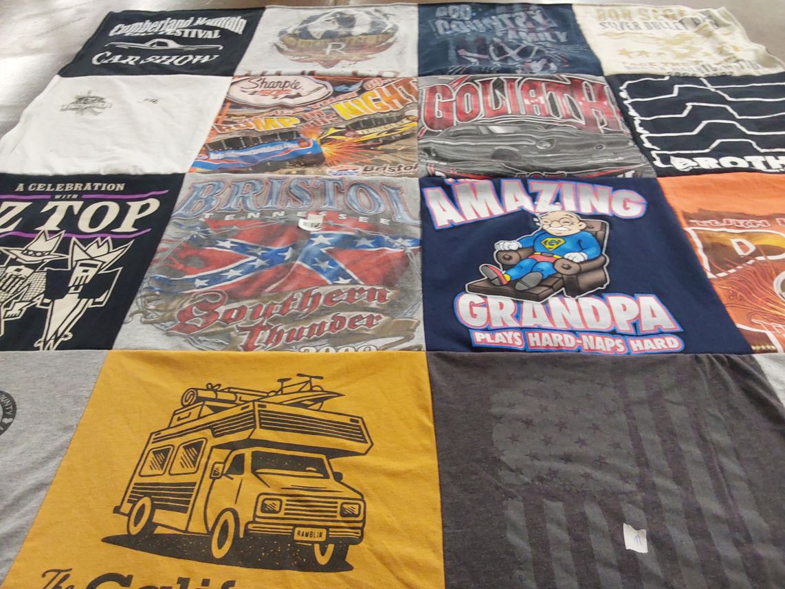 T-shirt quilt with cars, festivals themes by Thelma from KY