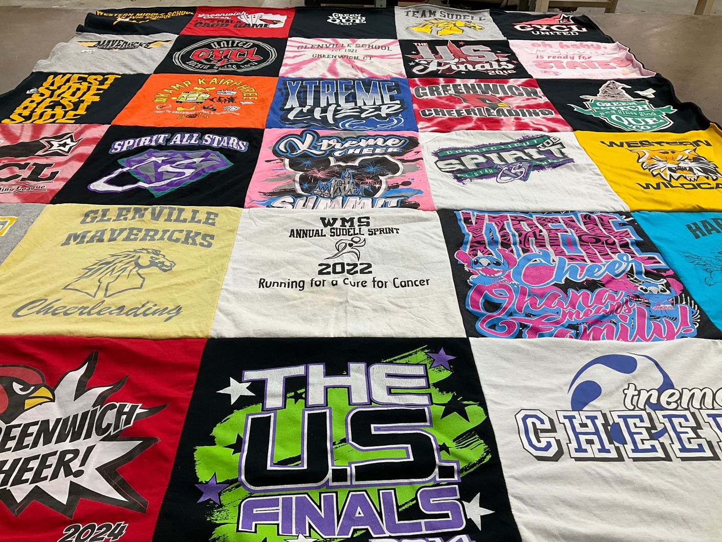 T-shirt quilt featuring greenwich cheer, xtreme cheer by Samantha from CT