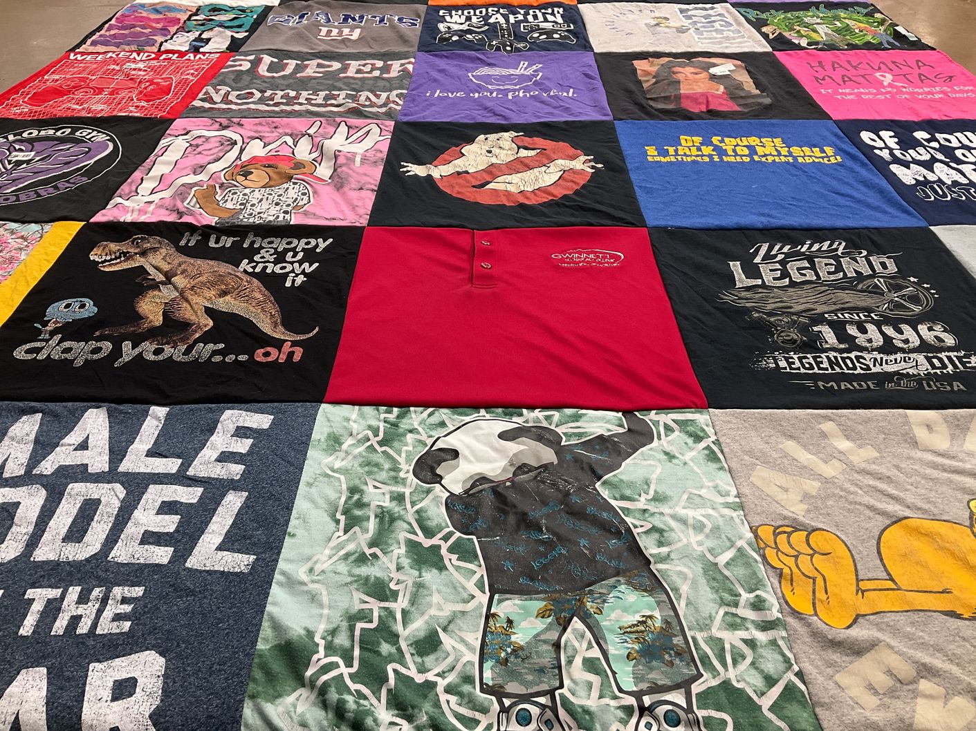 T-shirt quilt with humor, pop culture themes by Diane from GA