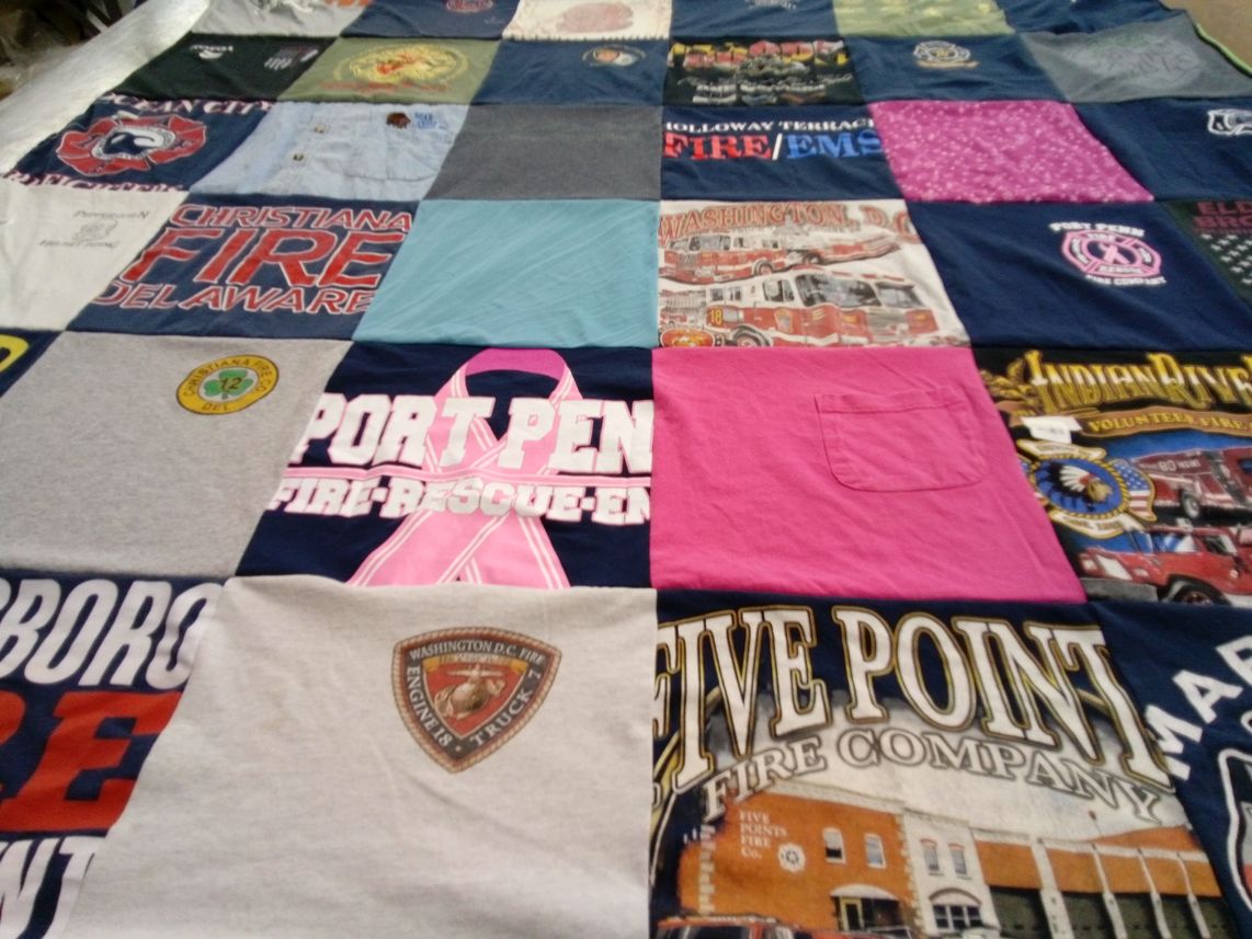 T-shirt quilt with firefighting, rescue services themes by Daria from DE