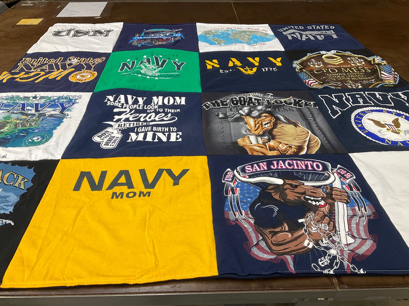 T-shirt quilt with military, navy themes by Deborah from AR