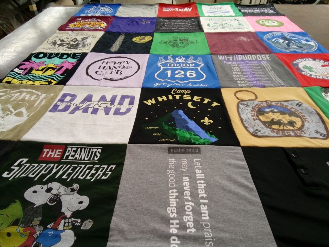 T-shirt quilt with camping, music themes by Caleb from AZ