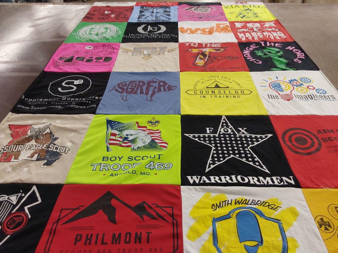 T-shirt quilt with scouting, outdoor activities themes by Kayte from MO
