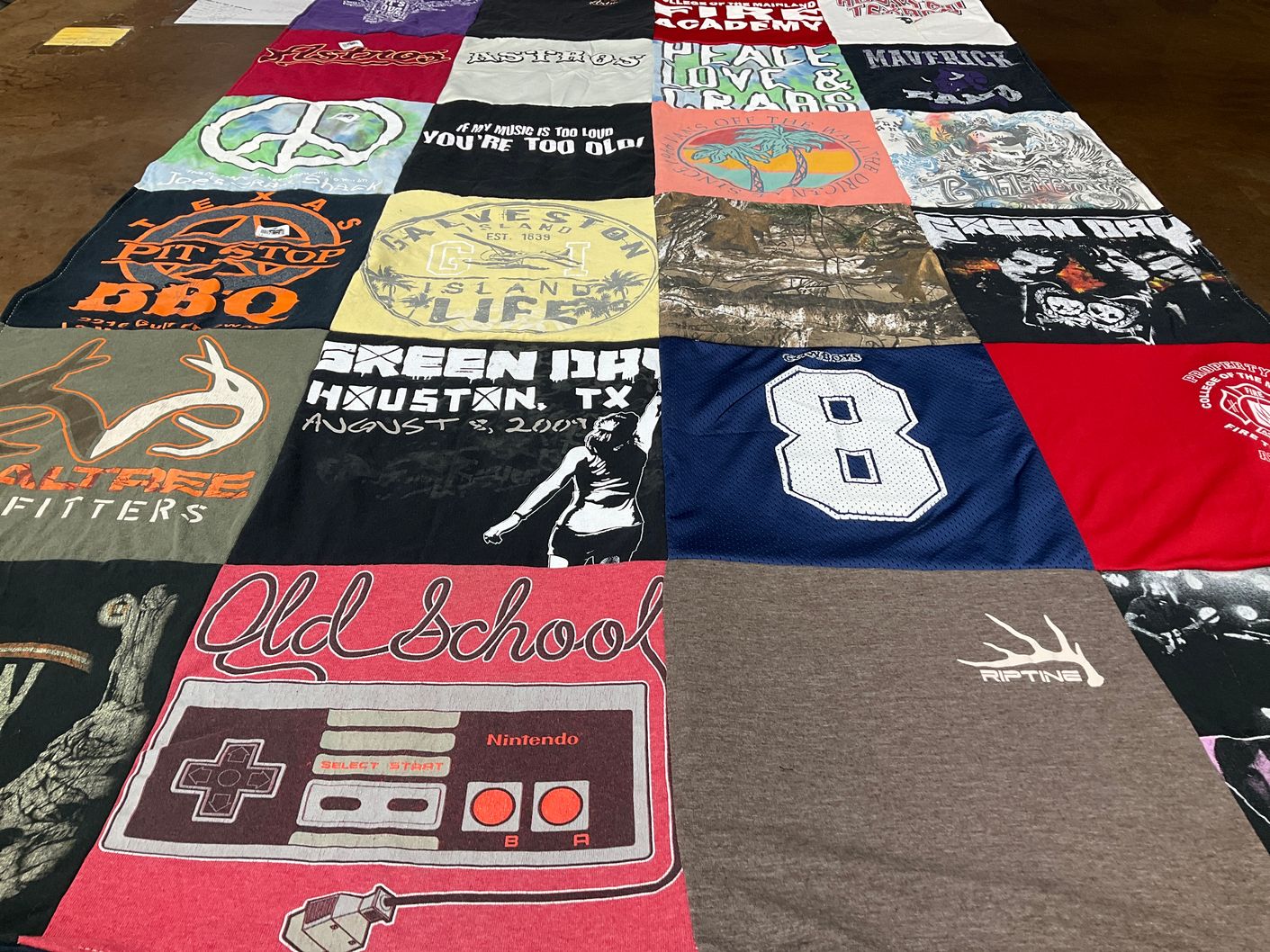T-shirt quilt with music, gaming themes by Javonne from TX