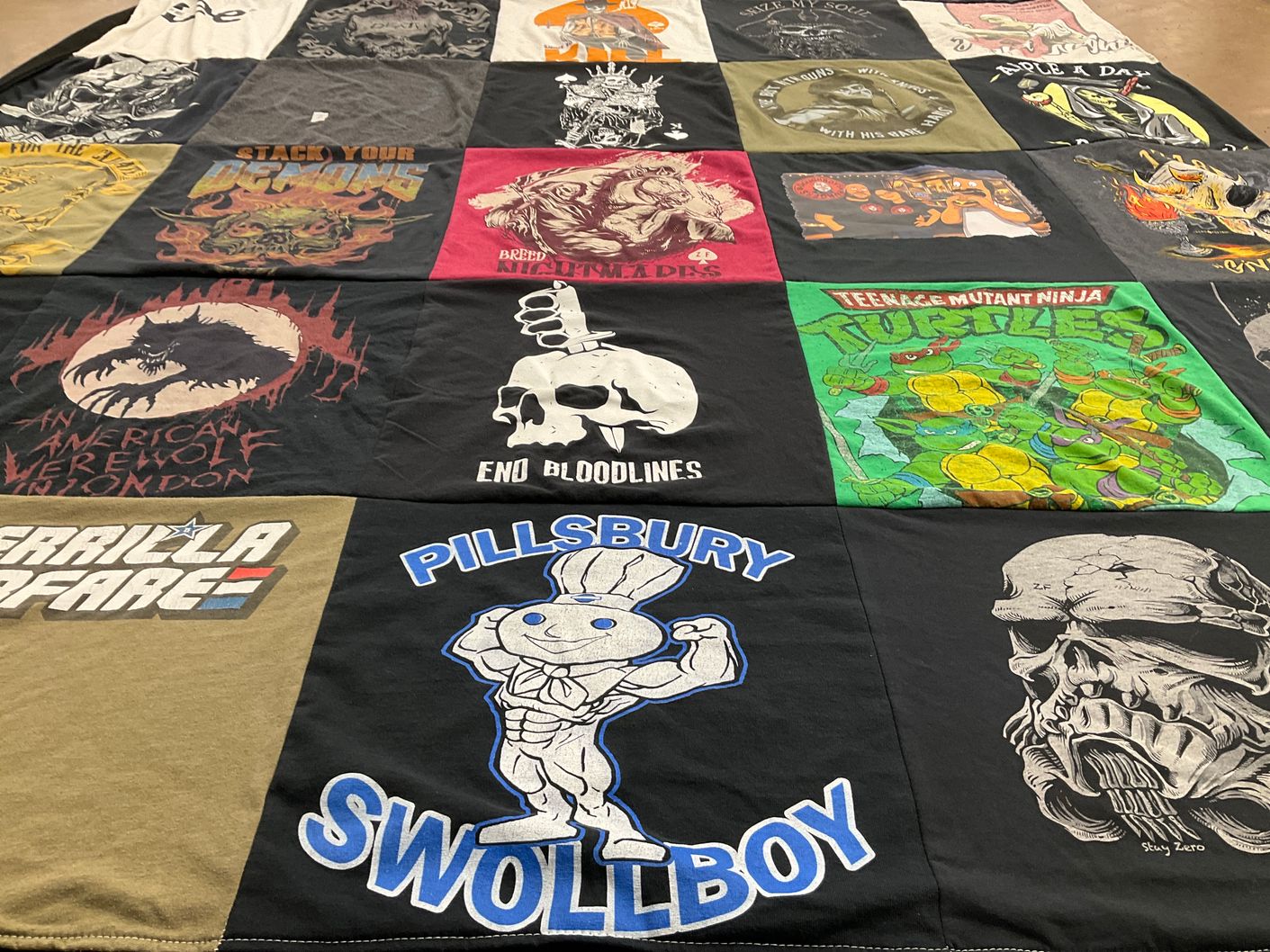 T-shirt quilt with horror, comics themes by Angie from MO