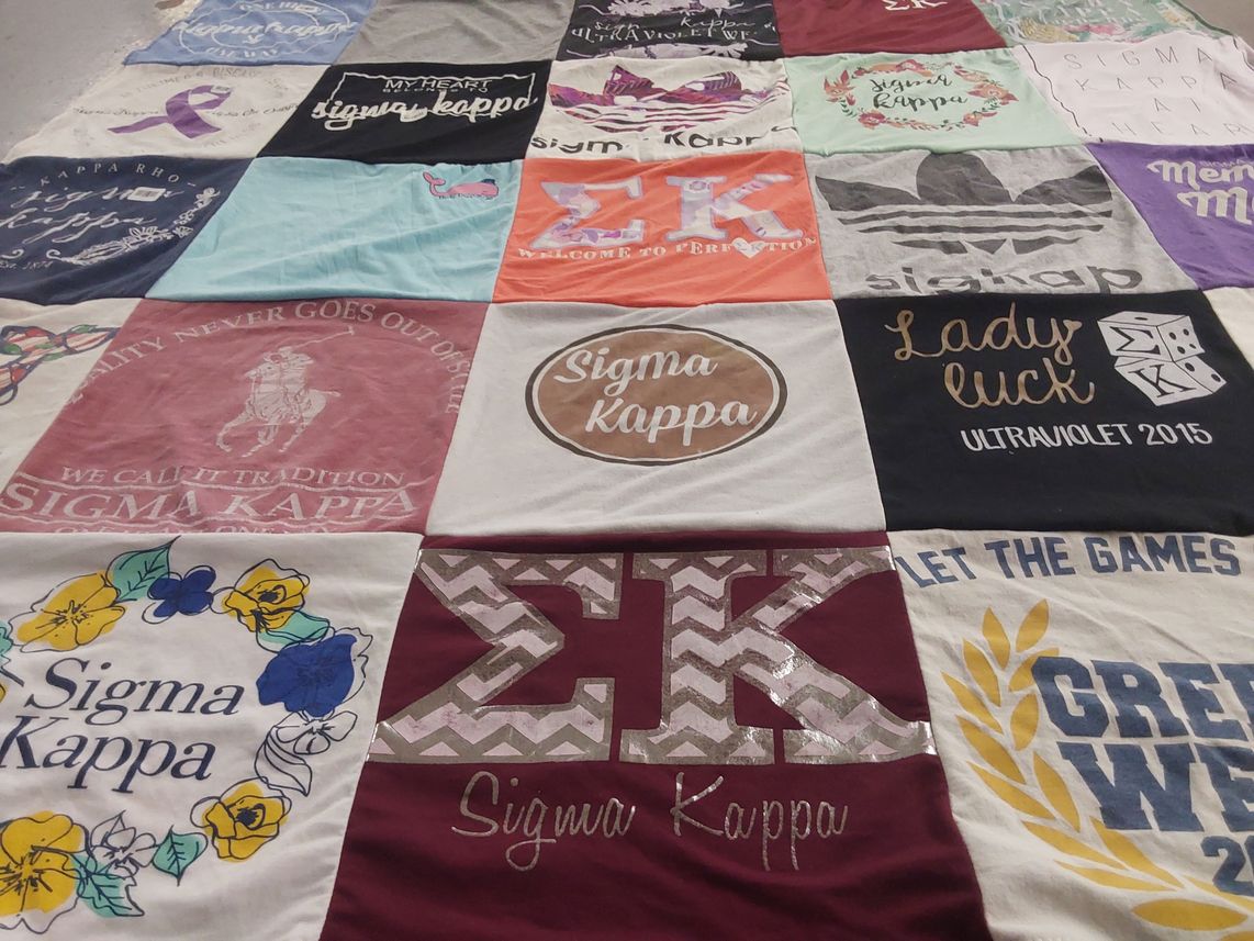 T-shirt quilt with sorority, community themes by Sanny from CA