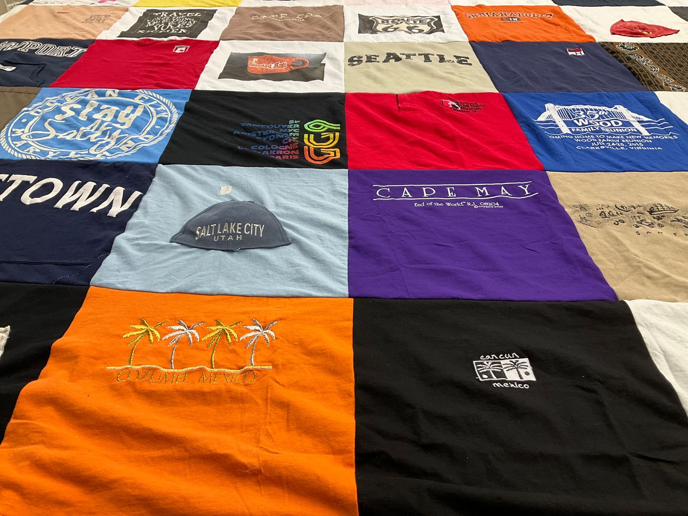 T-shirt quilt with travel, beaches themes by Katheryn from MD