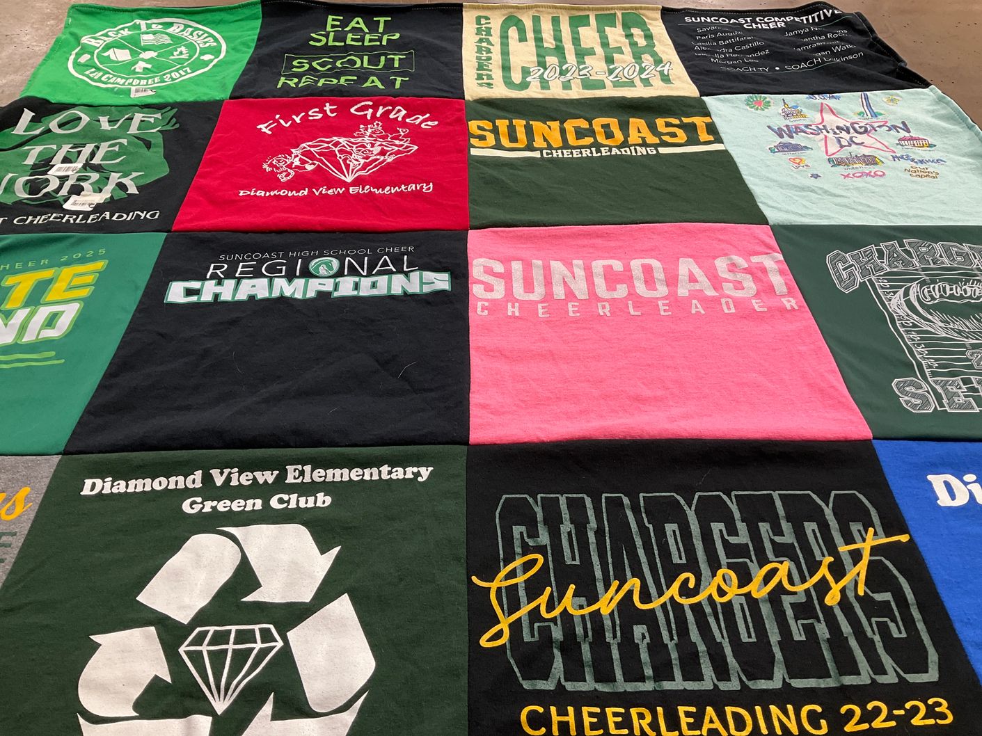 T-shirt quilt featuring suncoast cheerleading by Rachel from FL