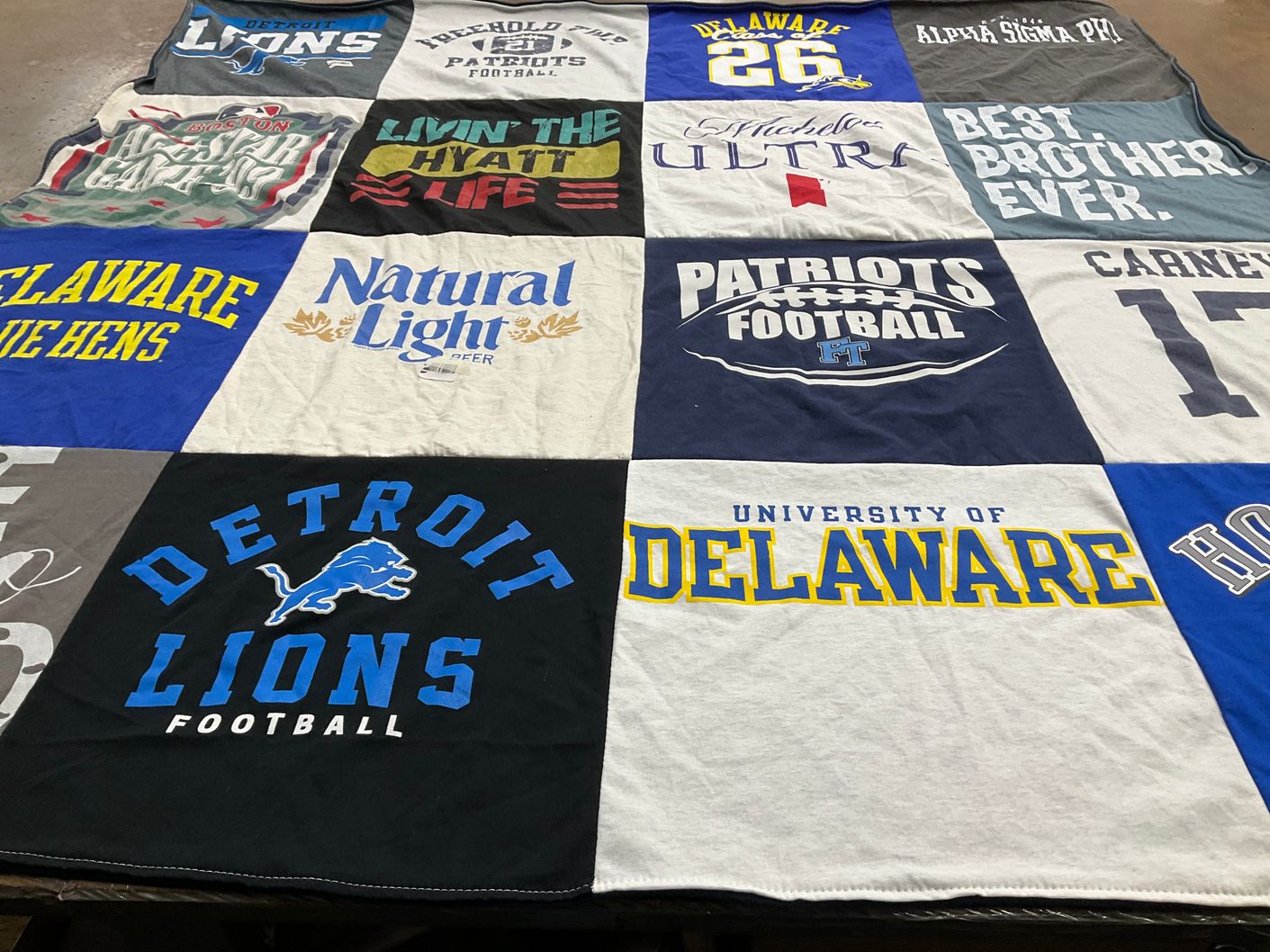 T-shirt quilt featuring detroit lions football, patriots football by Jocelyn from NJ