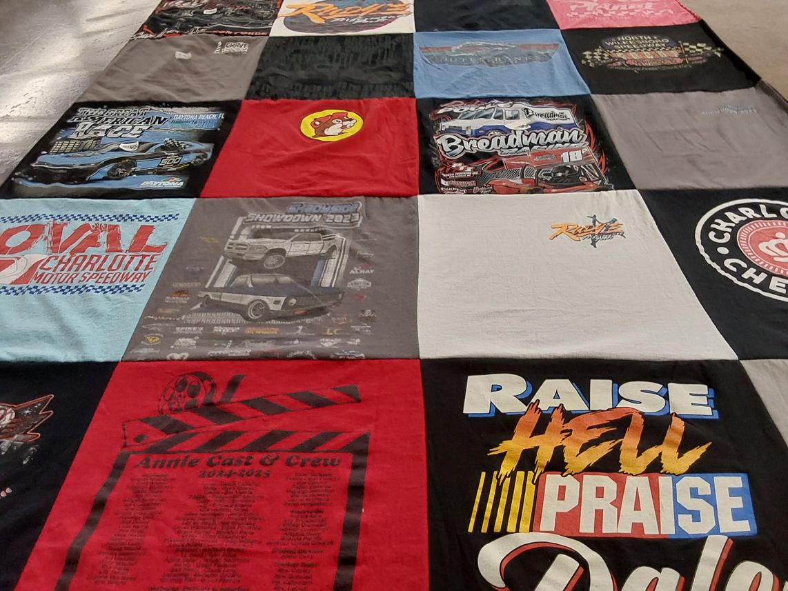 T-shirt quilt with racing, motorsport themes by Bethany from NC