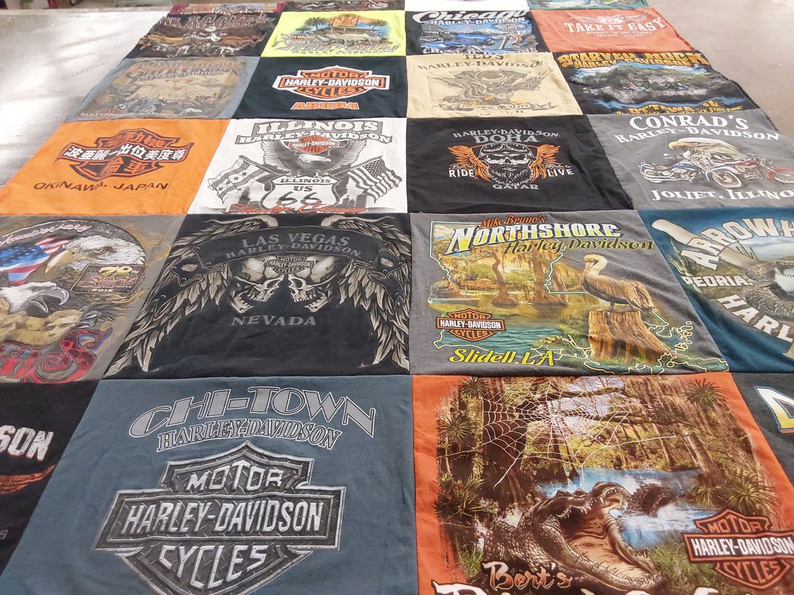 T-shirt quilt with motorcycles, biking themes by Dee from AZ