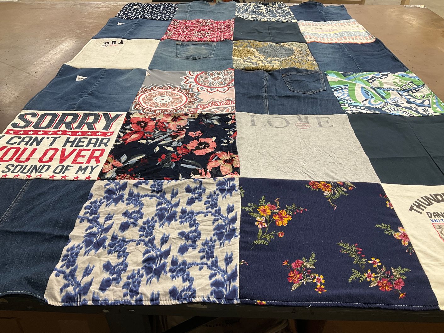 T-shirt quilt with textiles, quilting themes by Sarah from NE