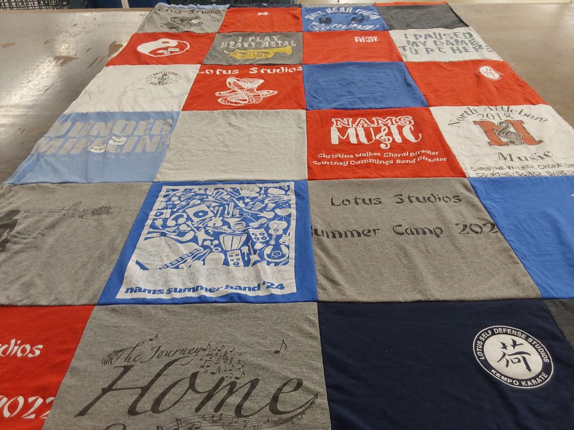 T-shirt quilt with music, karate themes by Gina from MA