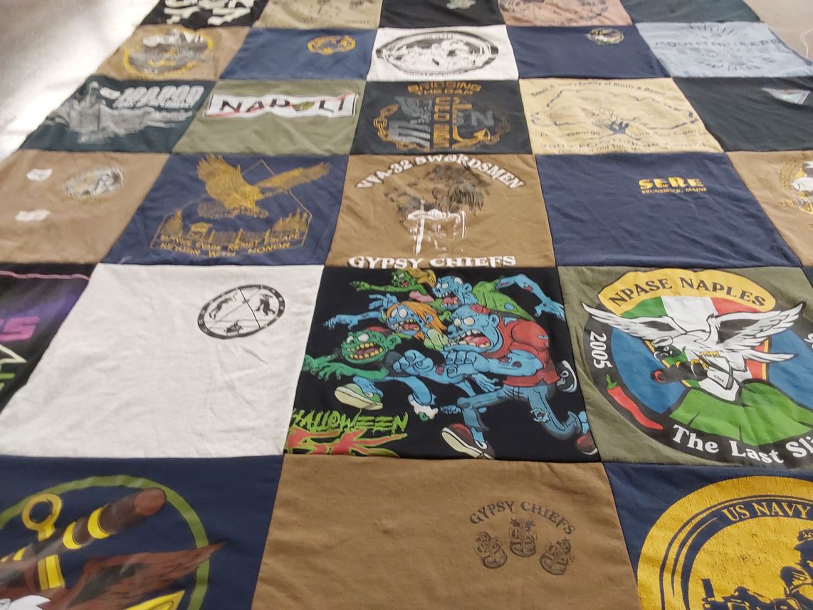 T-shirt quilt with navy, military themes by Carmen from NC