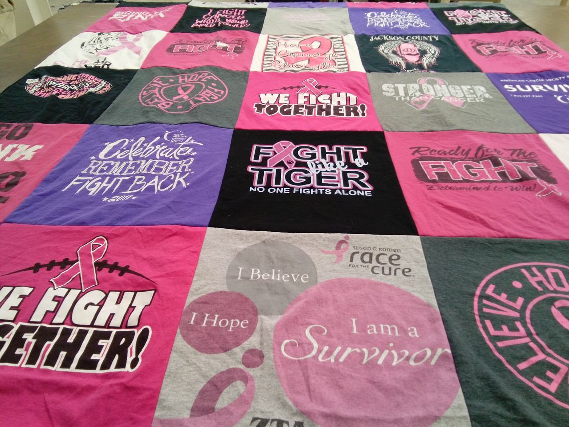 T-shirt quilt with breast cancer awareness, fundraising themes by Todd from FL