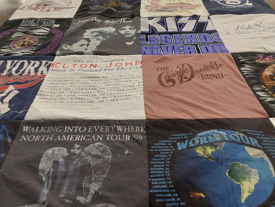 T-shirt quilt with music, concerts themes by Judi from MO