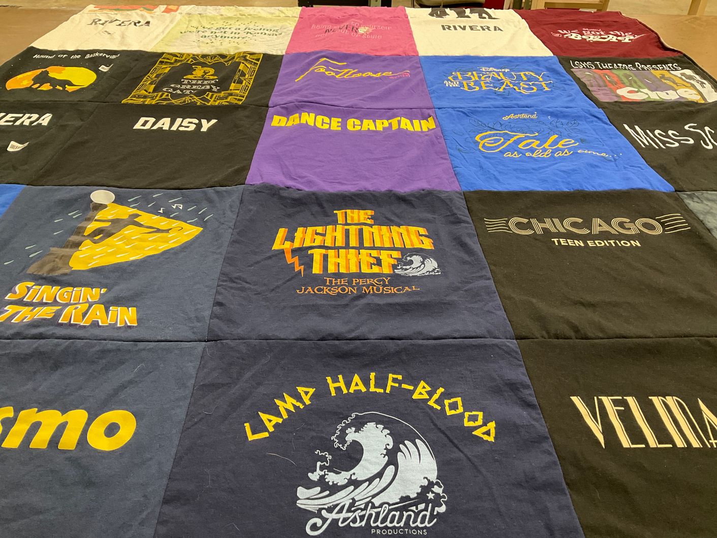 T-shirt quilt with theatre, musicals themes by Jennifer from MN