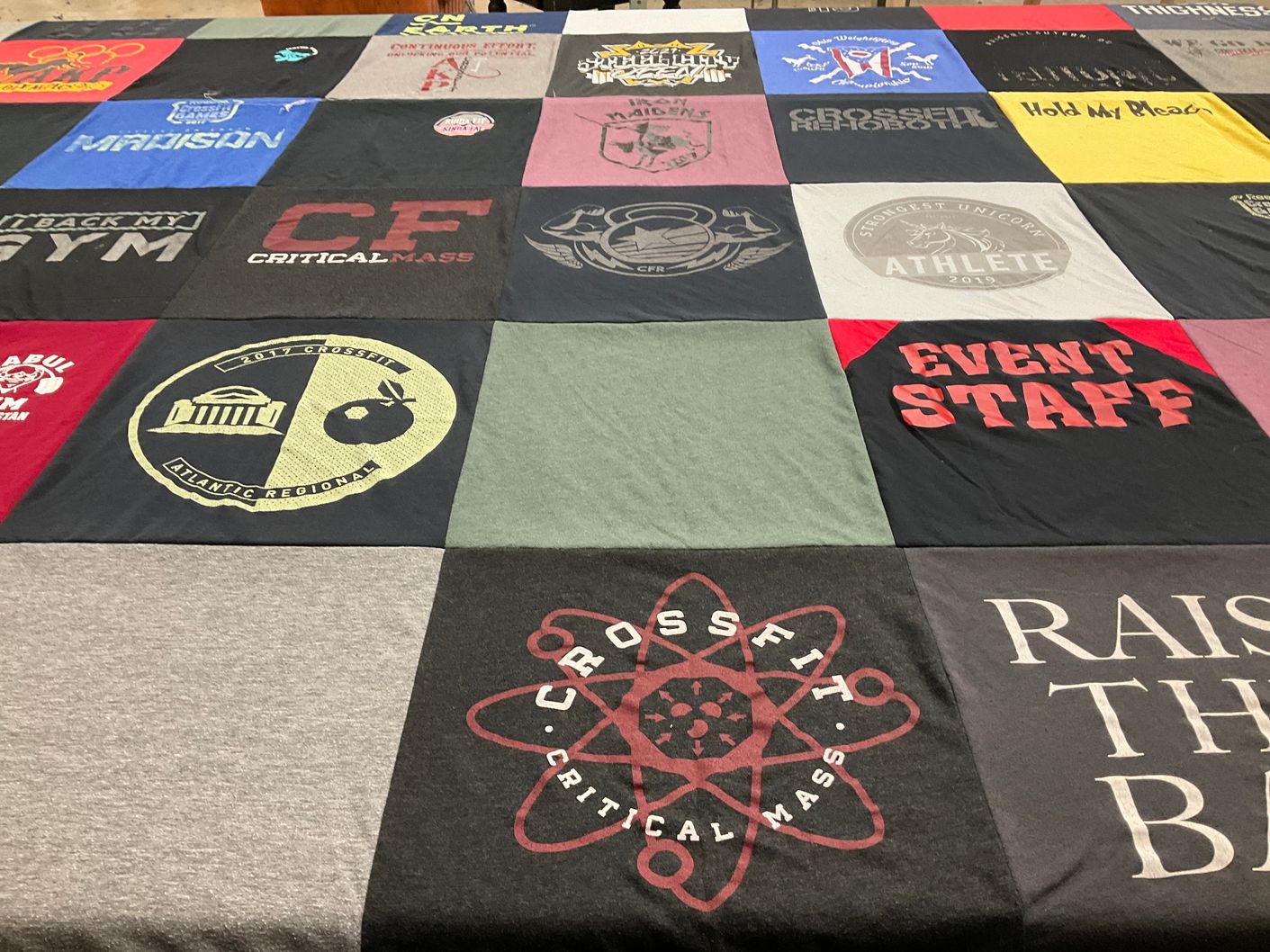 T-shirt quilt with fitness, crossfit themes by Shene from OH