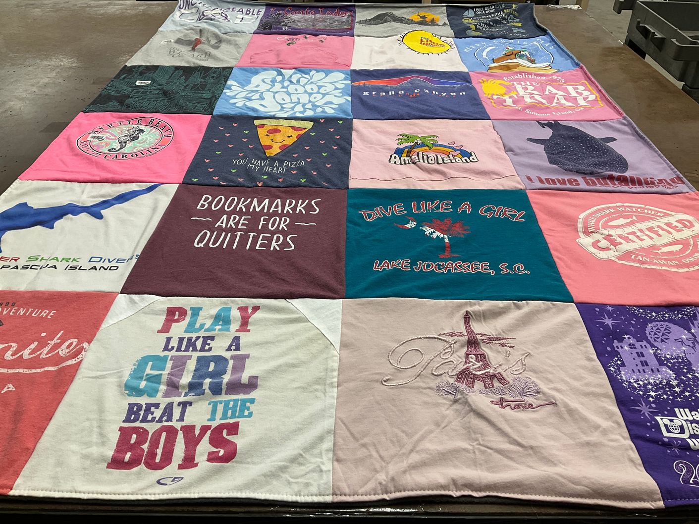 T-shirt quilt with diving, pizza themes by Susan from SC