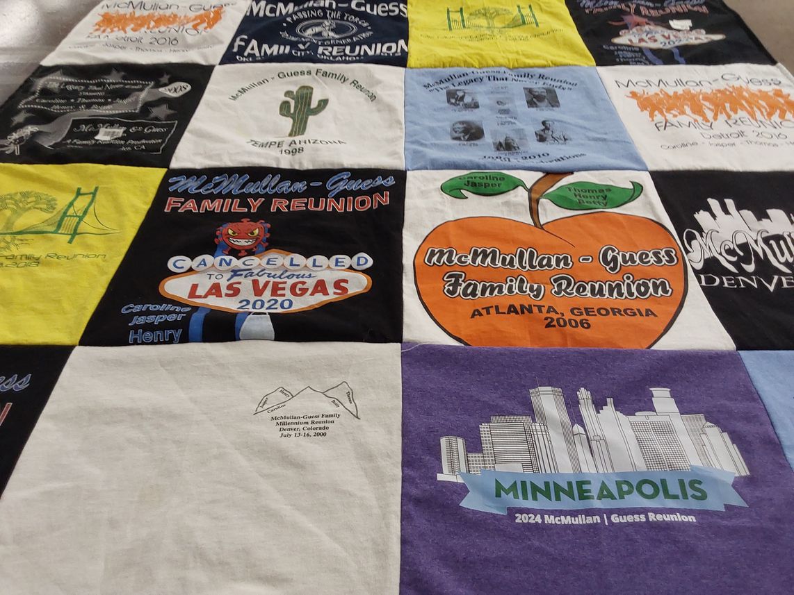 T-shirt quilt with family events, reunions themes by Mignon from CA