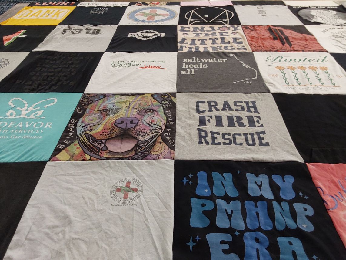 T-shirt quilt with volunteering, health services themes by Caitlin from NY