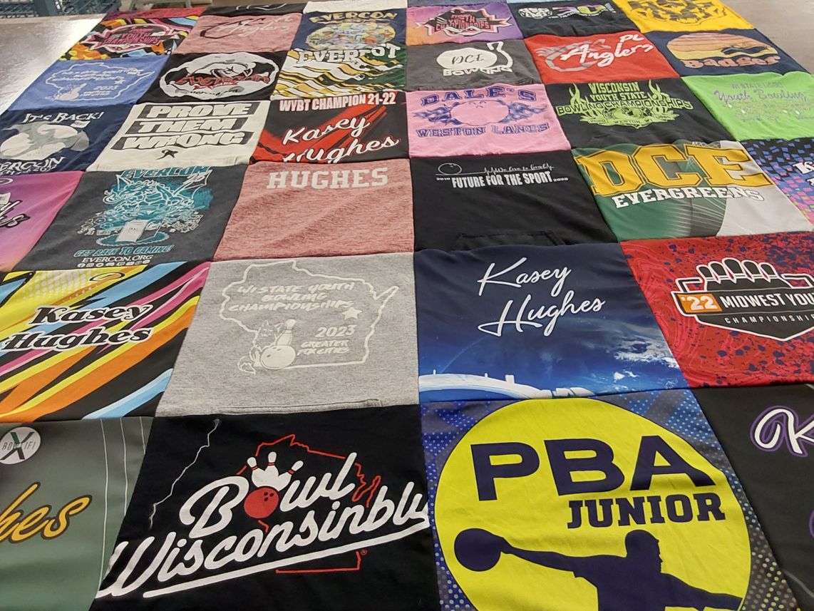 T-shirt quilt with bowling themes by Sue from WI