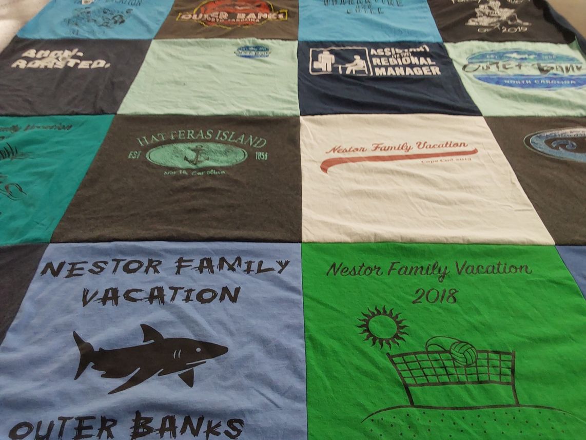 T-shirt quilt with family vacations, beach themes by florence from NJ