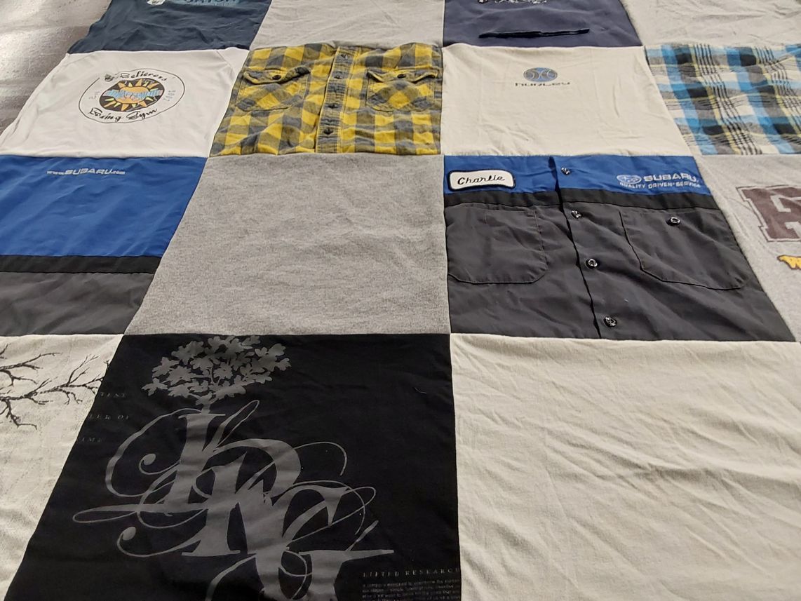T-shirt quilt with automotive, outdoors themes by Susan from MN