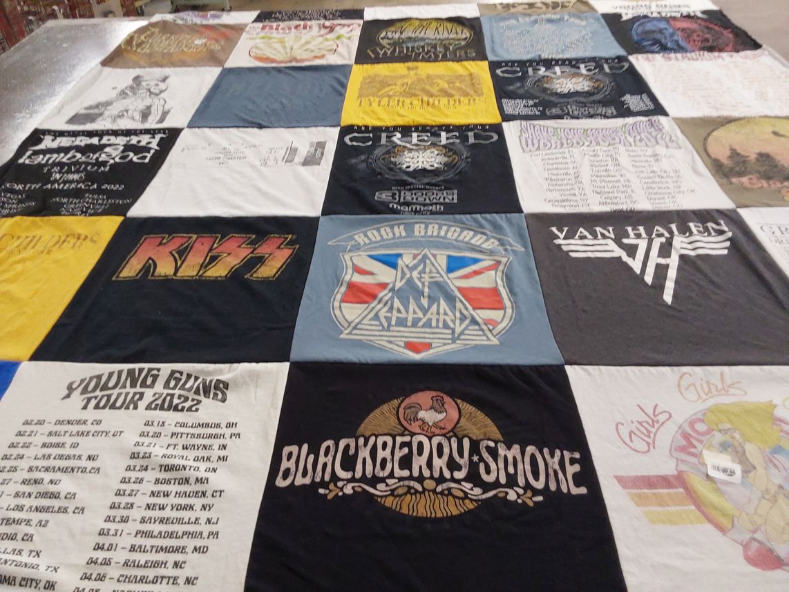 T-shirt quilt with music, concerts themes by Emily from MO