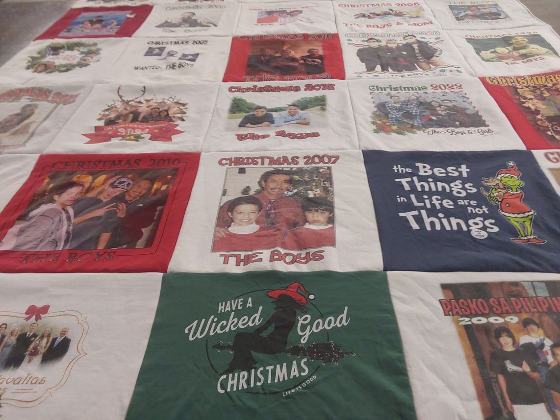 T-shirt quilt with family gatherings, holiday celebrations themes by Mona from CO