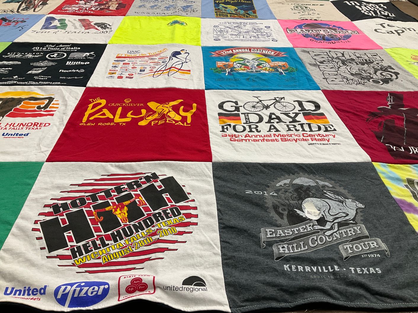 T-shirt quilt with cycling, bicycles themes by Rene from TX