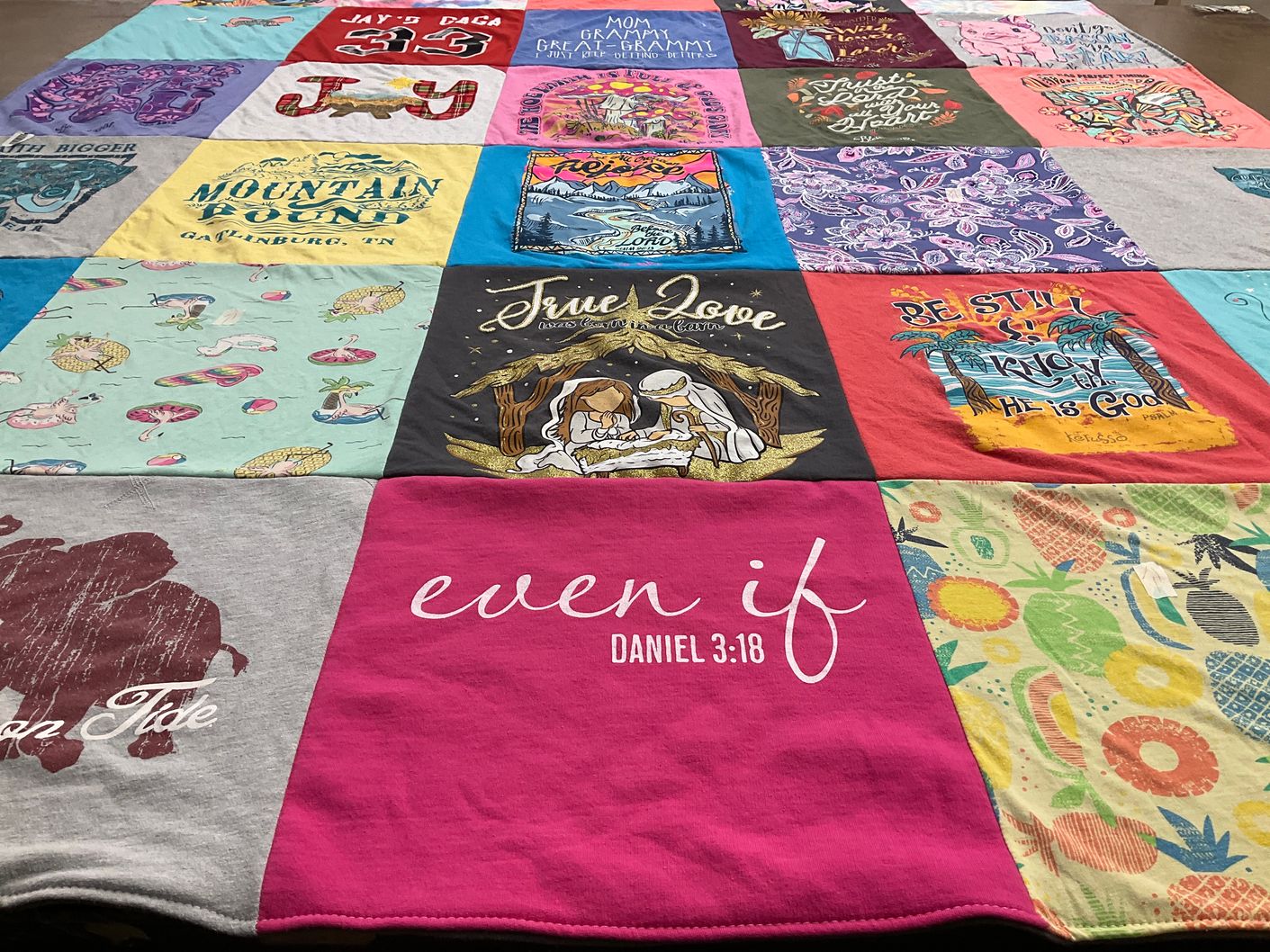 T-shirt quilt with outdoors, religion themes by Charlie from AL