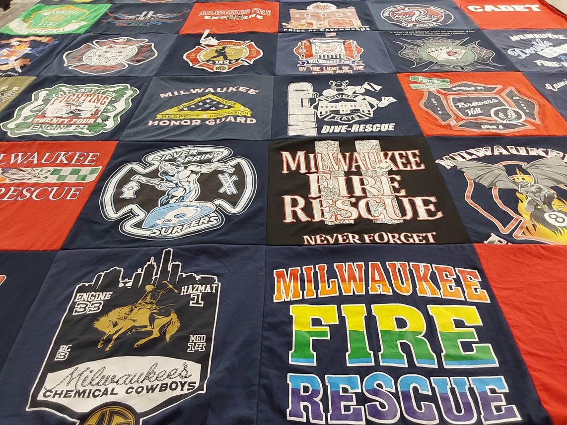 T-shirt quilt with emergency services, firefighting themes by William from WI