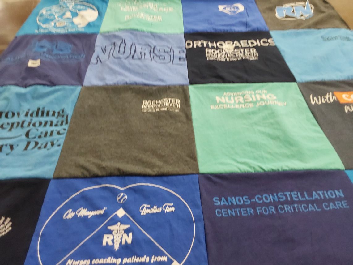 T-shirt quilt with nursing, healthcare themes by MaryEllen from NY