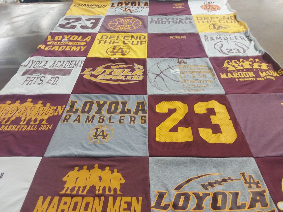 T-shirt quilt featuring loyola ramblers, maroon men by Rebecca from IL