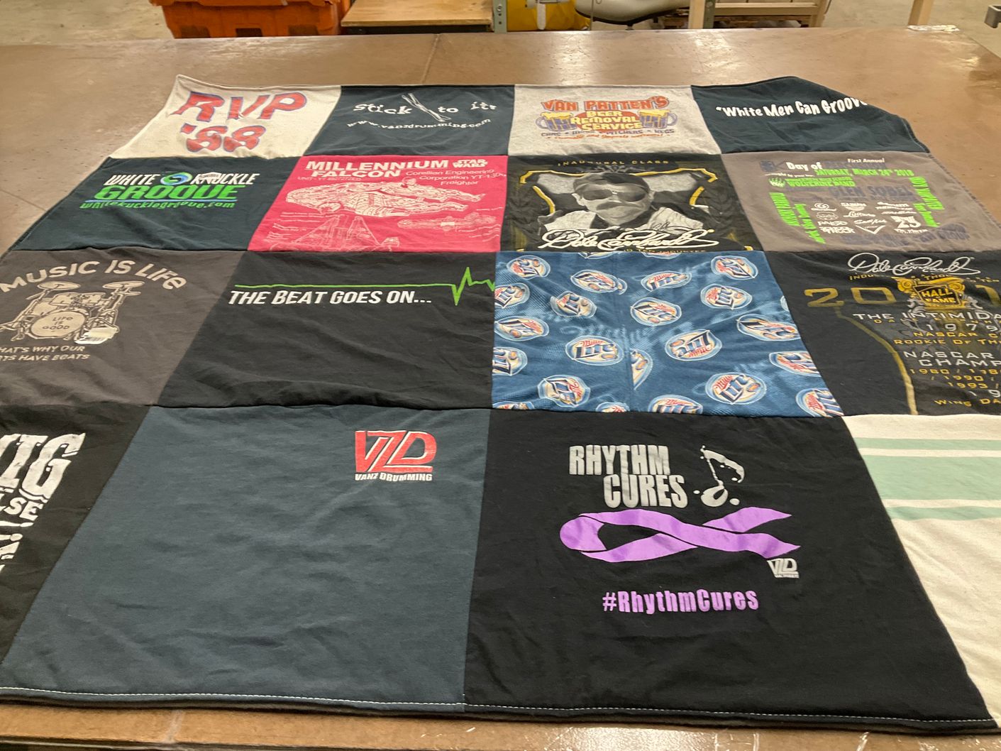 T-shirt quilt with music, drumming themes by Jacqueline from FL