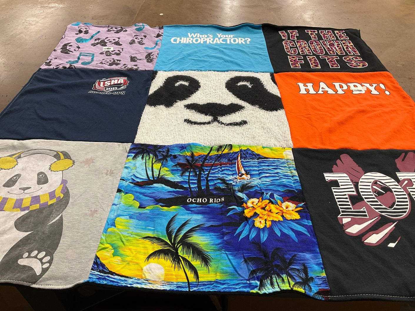 T-shirt quilt with pandas, beaches themes by Melissa from FL
