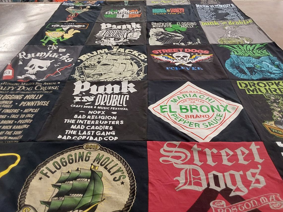 T-shirt quilt with punk, music themes by Stacey from MA