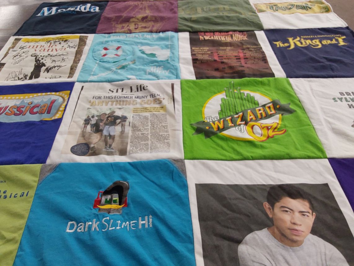 T-shirt quilt with theater, musicals themes by Grace from MO