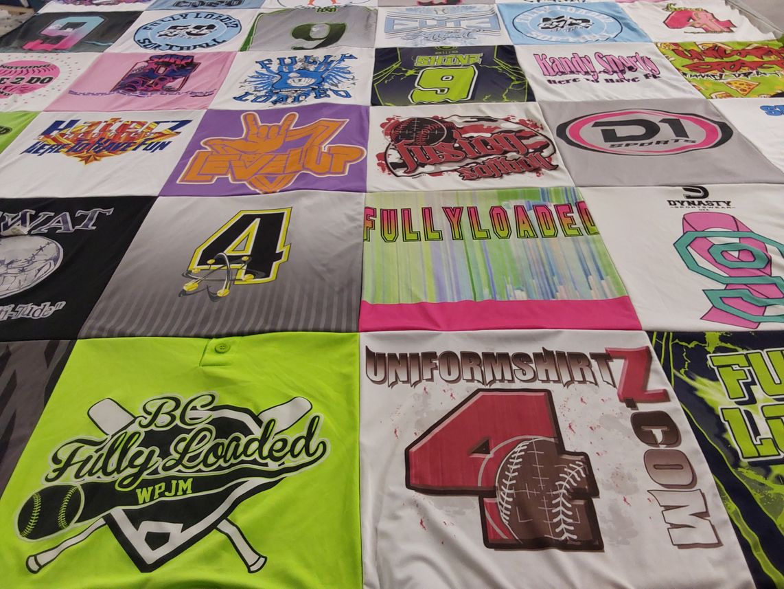 T-shirt quilt with sports, softball themes by Pauline from NC