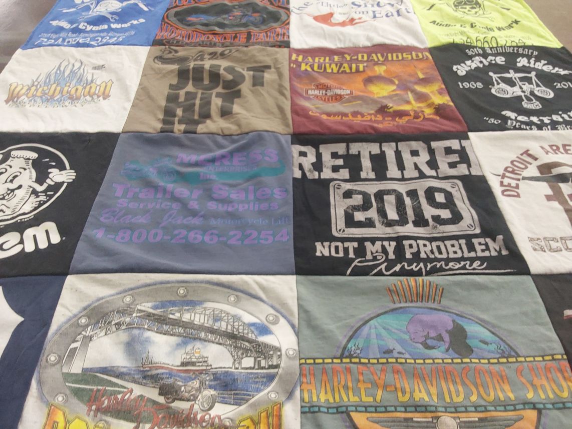 T-shirt quilt with motorcycles, biking themes by Richard from MI