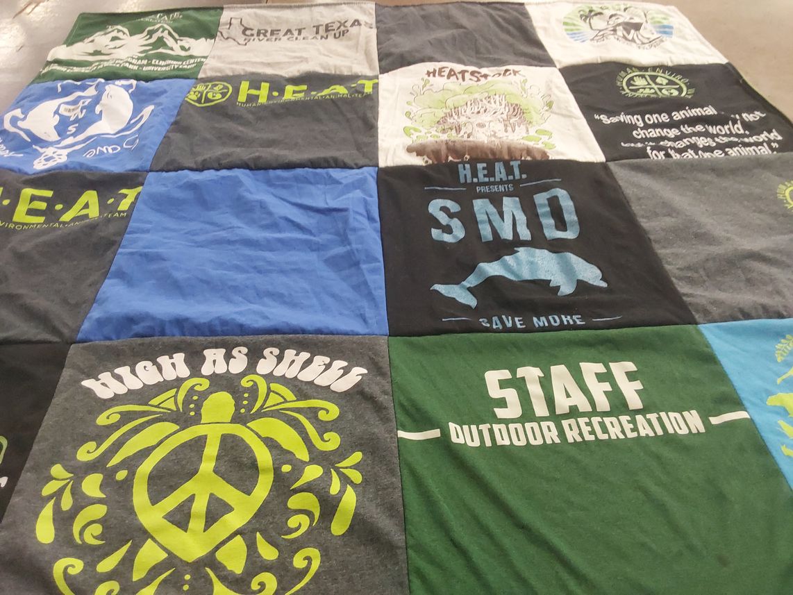 T-shirt quilt with environmentalism, outdoor activities themes by Hannah from TX