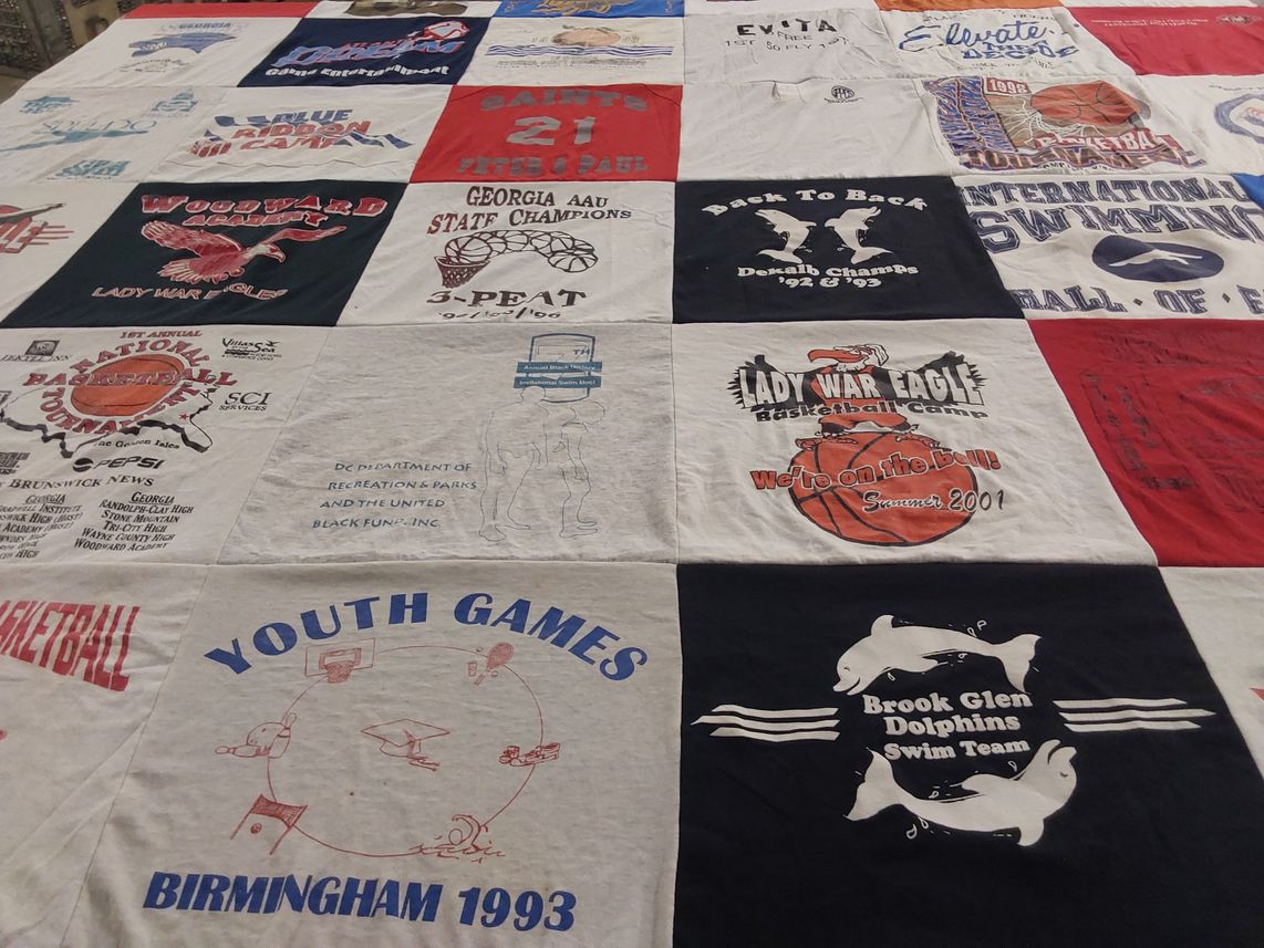 T-shirt quilt featuring brook glen dolphins swim team, lady war eagles basketball camp by Evita from MD
