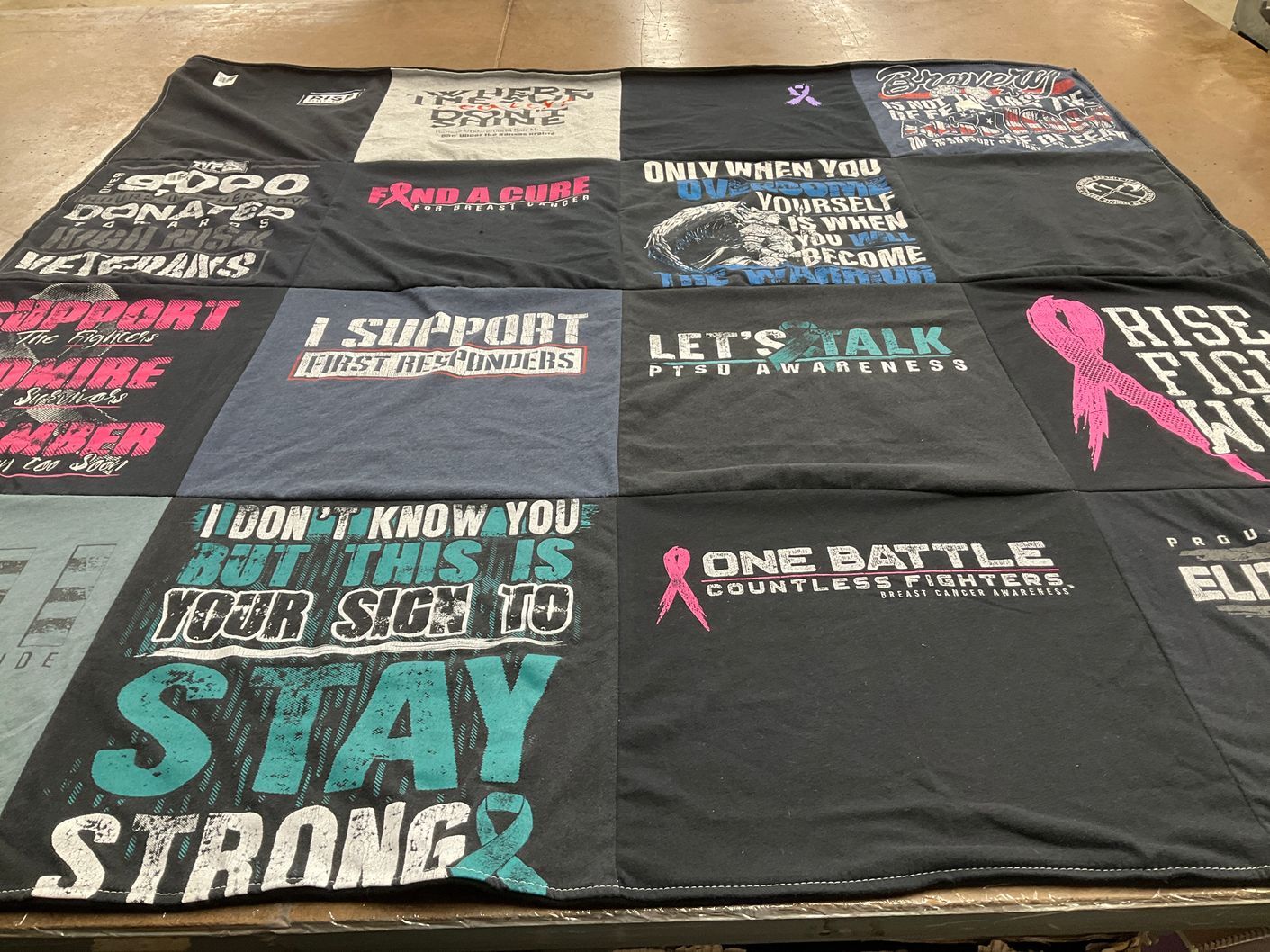 T-shirt quilt with breast cancer awareness, ptsd awareness themes by Colleen from MO