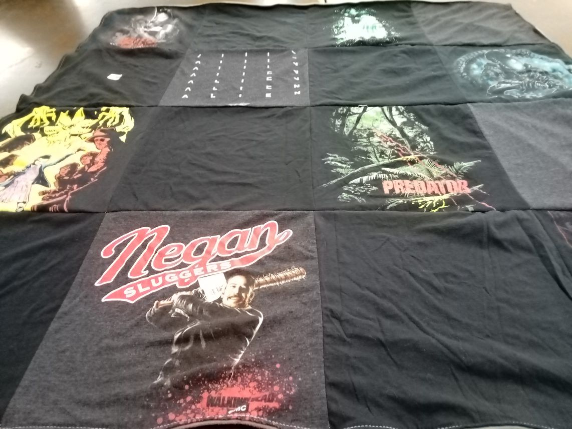 T-shirt quilt with horror movies, graphic novels themes by Jeffrey from MI