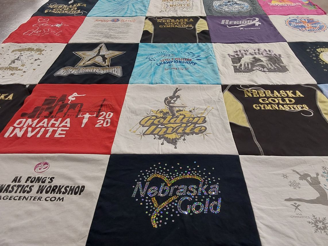 T-shirt quilt with gymnastics themes by Debra from NE