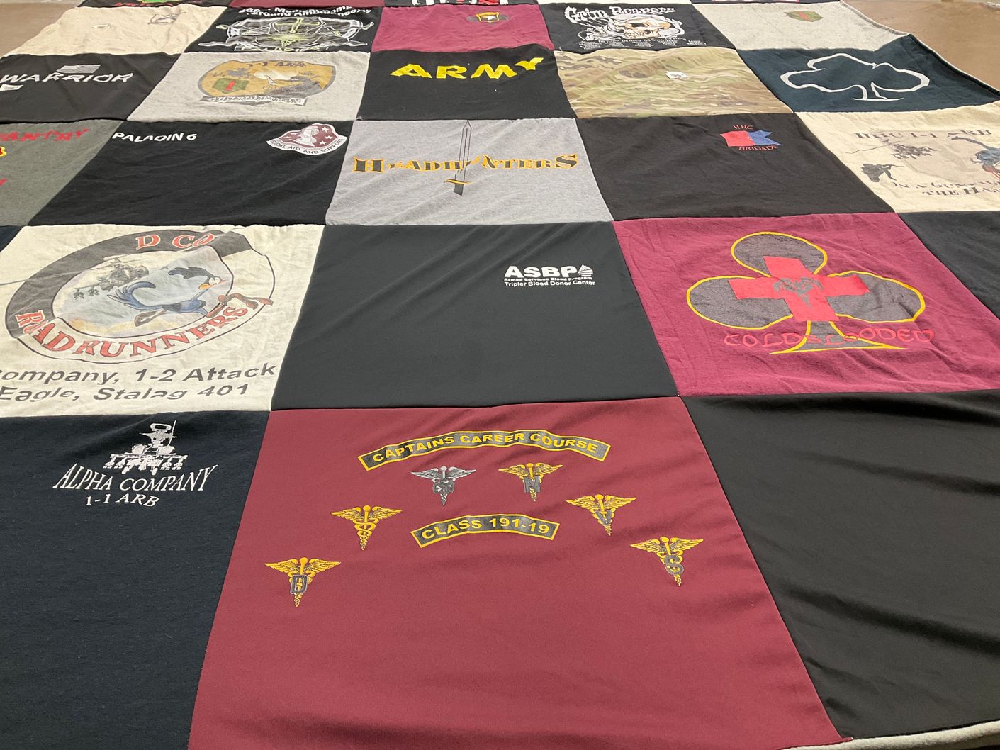 T-shirt quilt with military, veterans themes by Danielle from VA