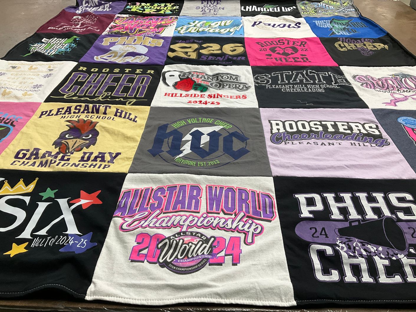 T-shirt quilt featuring roosters cheerleading by Tracey from MO